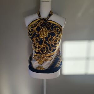 Pacifica Gold and Navy Halter Blouse